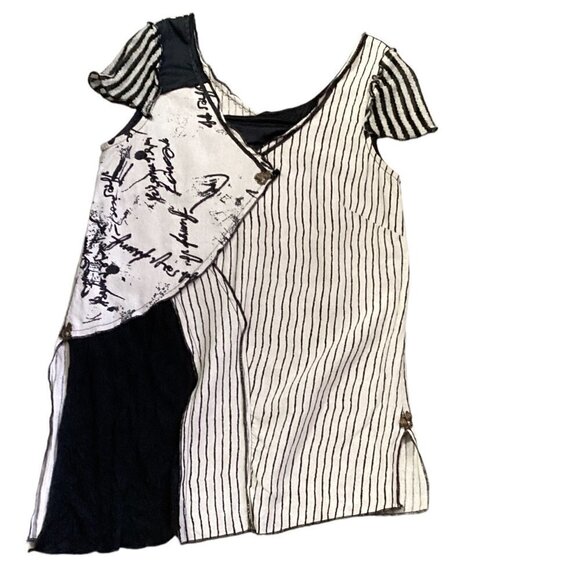 Le Blanc Mouton Linen Blend BOHO Artsy Mixed Media Tunic Top M/L 148A - Picture 2 of 8